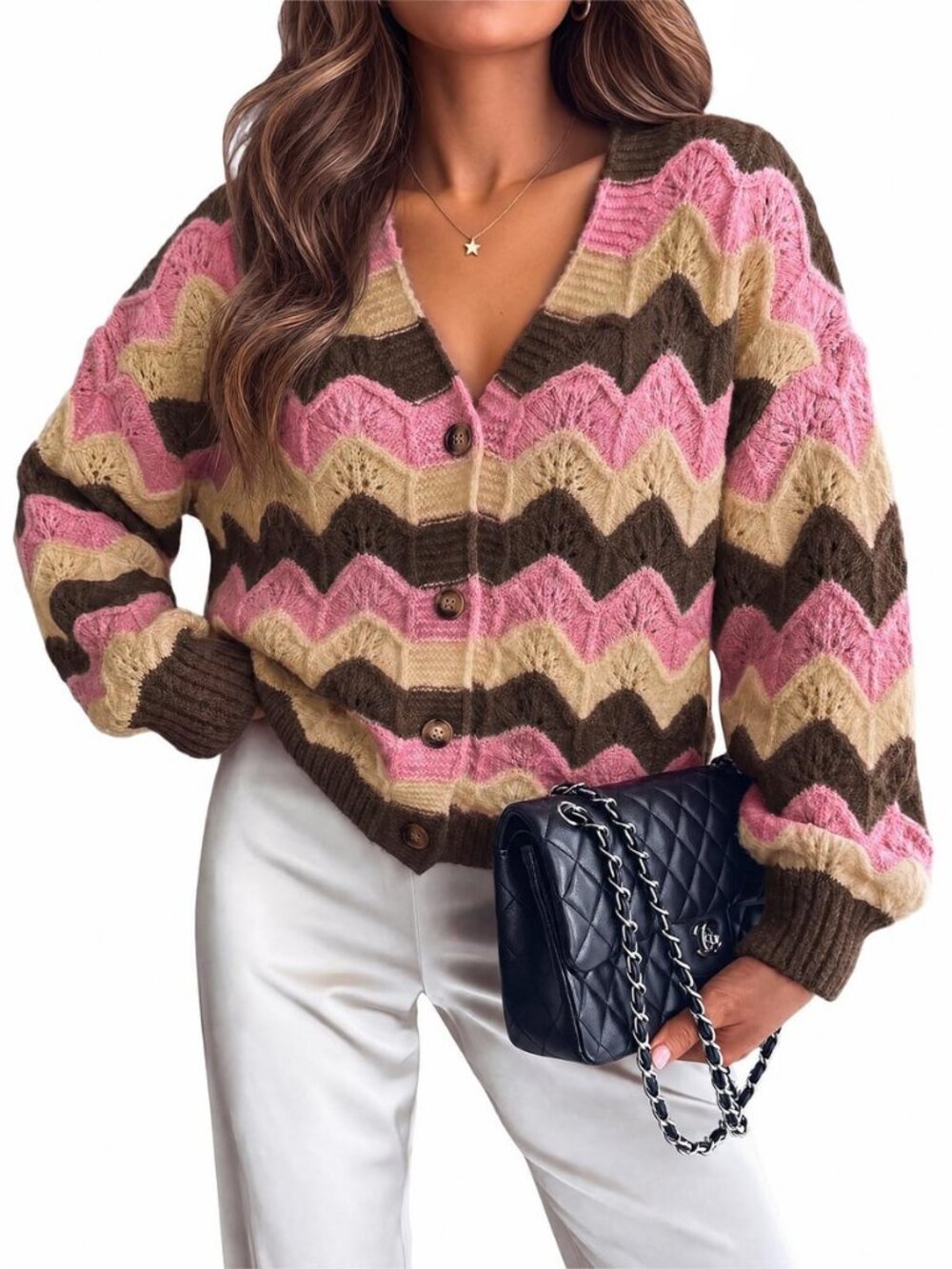 Womens Oversized Striped Cardigan Button Down V Neck Long Sleeve Color Block